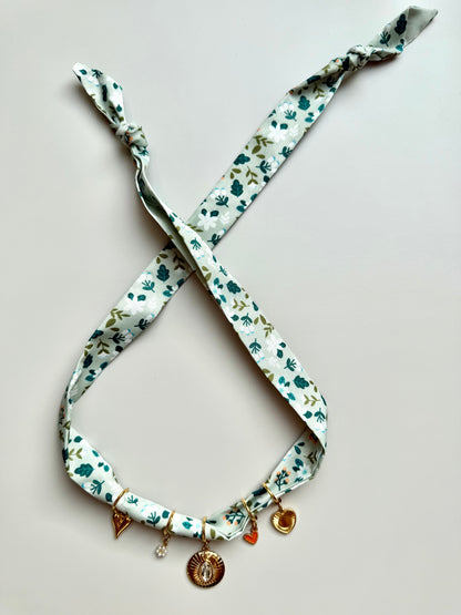 Green charm bandana with floral pattern • Gold heart pendant &amp; crystal
