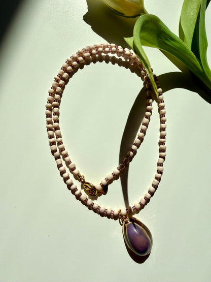 Lilac Tide - Handmade Glass Bead Necklace with Shell Pendant