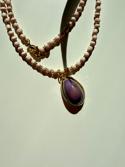 Lilac Tide - Handmade Glass Bead Necklace with Shell Pendant