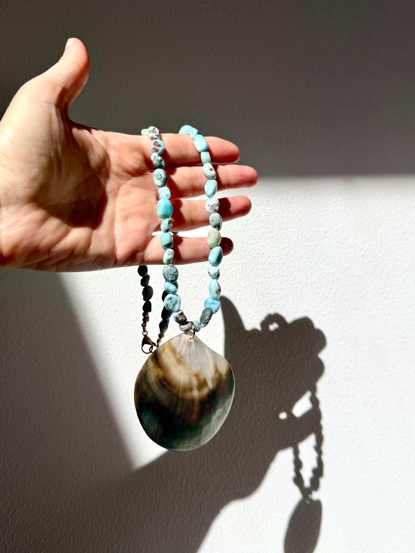 Ocean Giant - Necklace with Larimar & large Mother of Pearl Pendant - Handmade