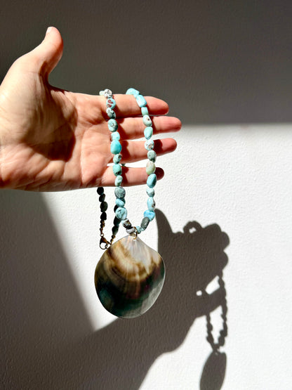 Ocean Giant - Necklace with Larimar & large Mother of Pearl Pendant - Handmade