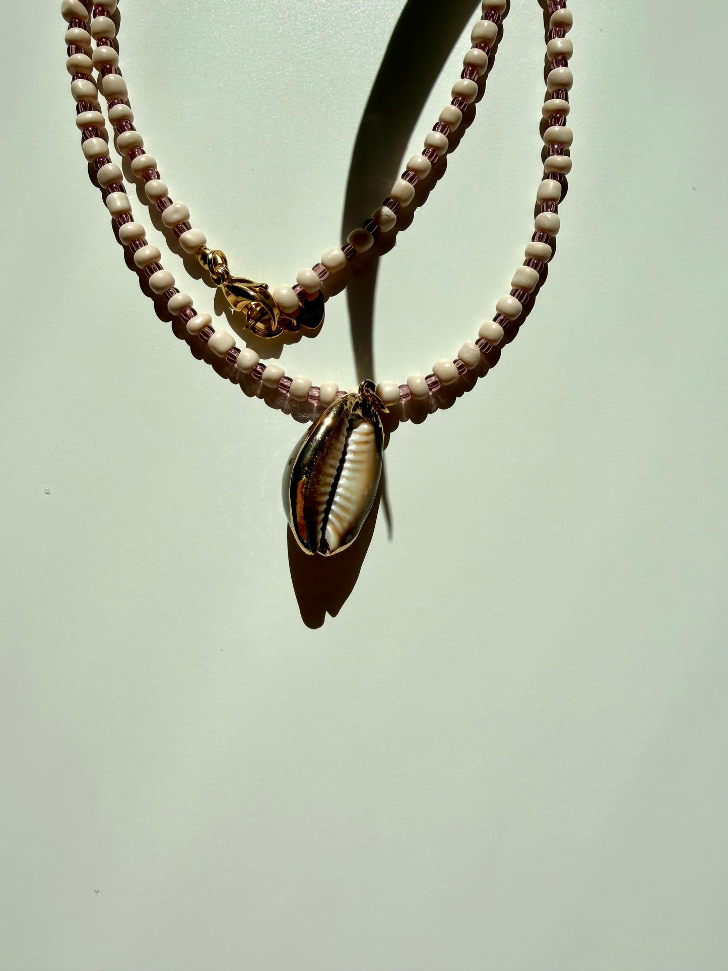 Lilac Tide - Handmade Glass Bead Necklace with Shell Pendant