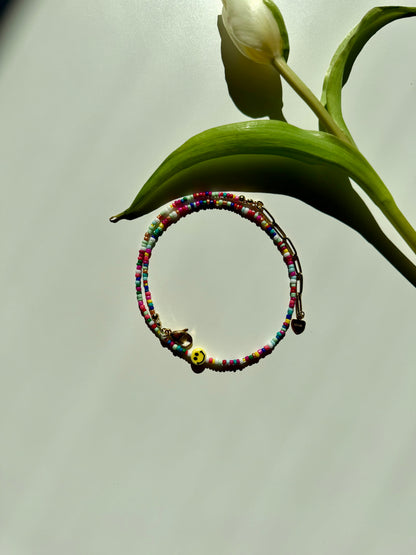 Happy Smile - Colorful Glass Bead Necklace with Handmade Smiley