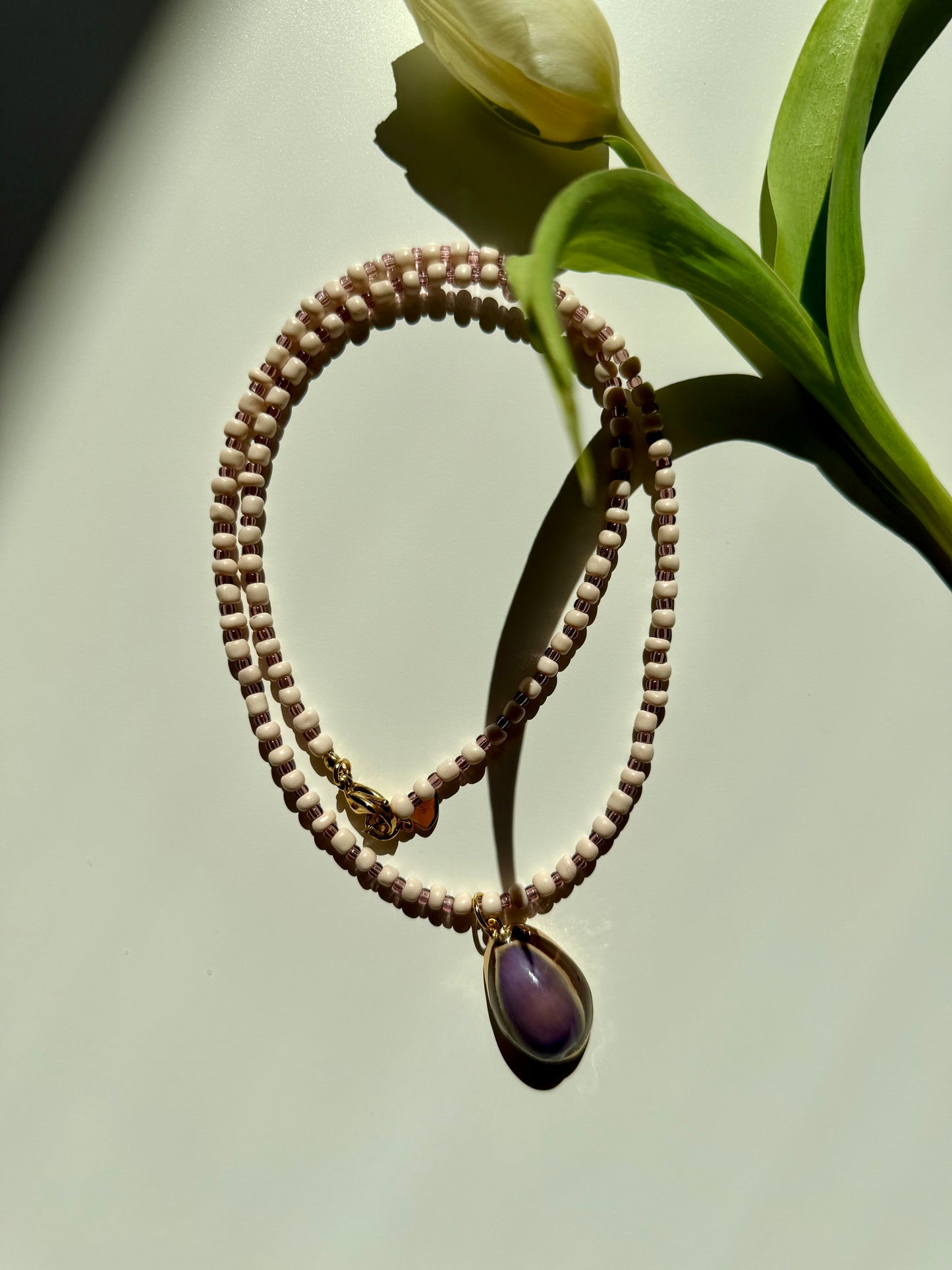 Lilac Tide - Handmade Glass Bead Necklace with Shell Pendant