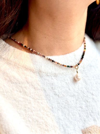 Necklace with 3 mm jasper beads &amp; baroque bead