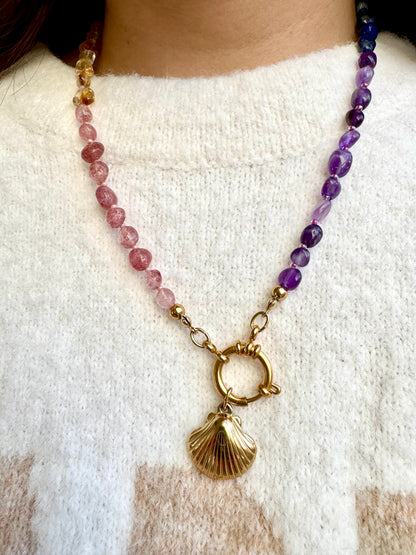 Regenbogen Edelstein-Halskette • Amethyst, Citrin, Aventurin & mehr • 18k vergoldet • Muschel-Anhänger