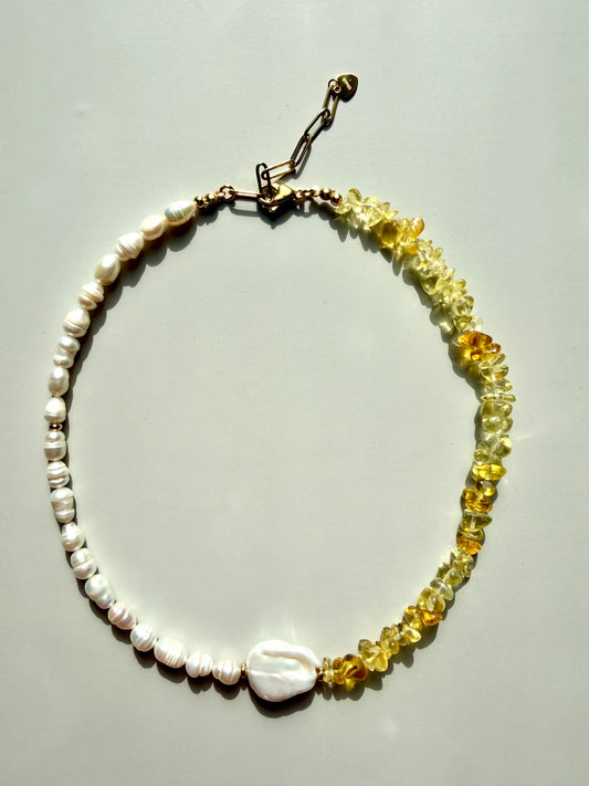 Necklace with citrine &amp; freshwater pearls • Baroque pearl &amp; gold accents • 18k gold-plated