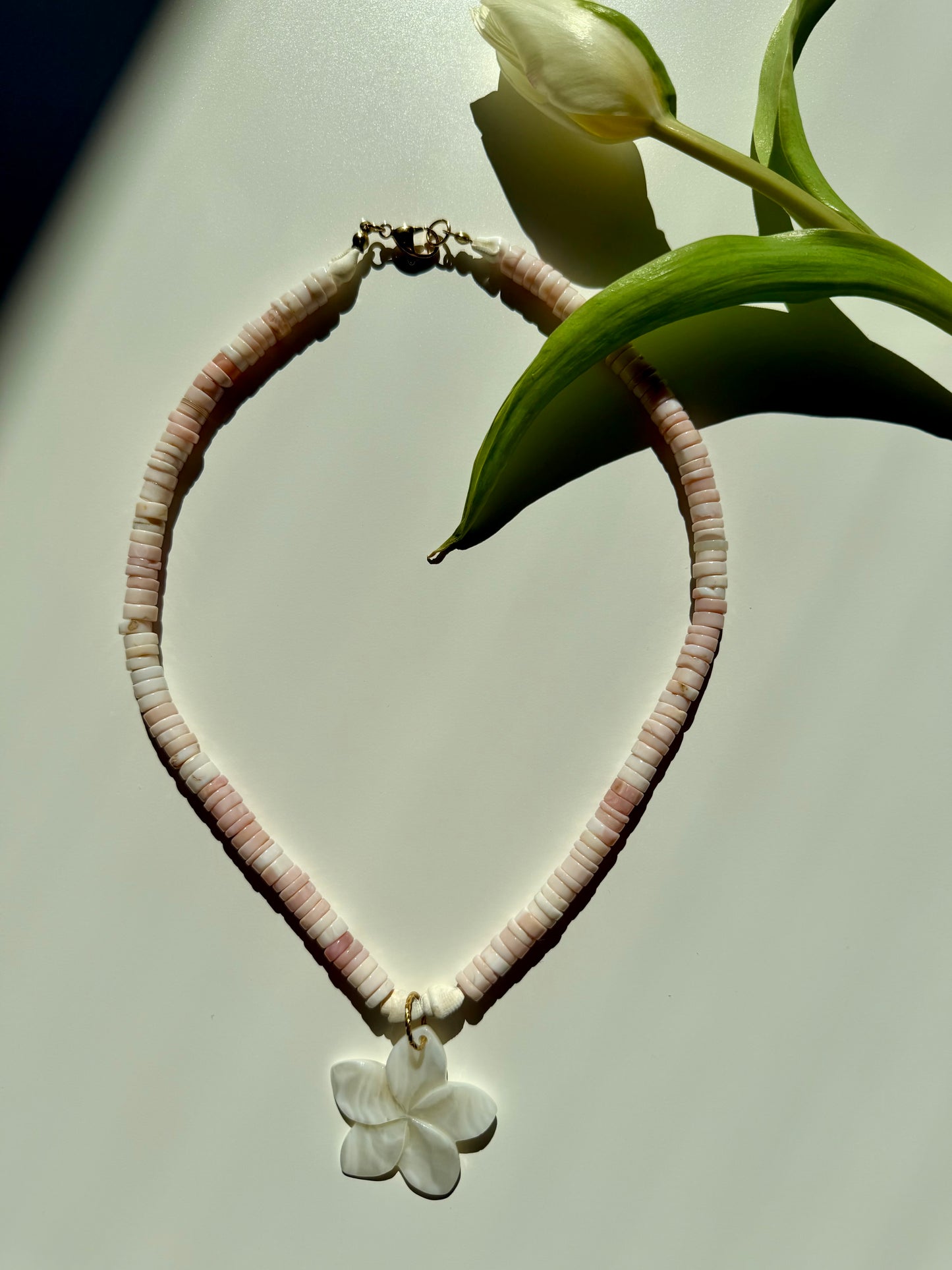 Blush Bloom - Pink Opal Heishi Necklace with Mother-of-Pearl Flower, Handmade