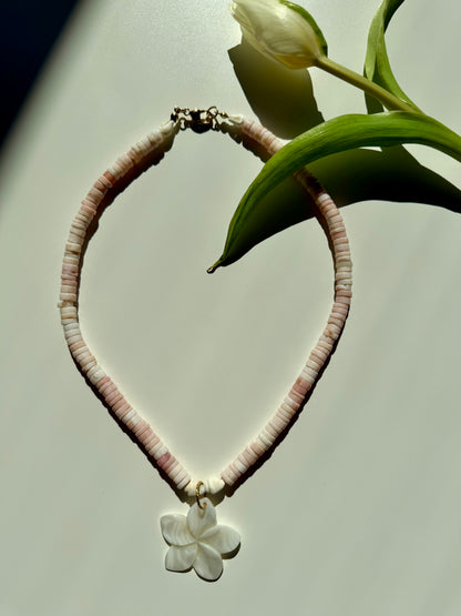 Blush Bloom - Pink Opal Heishi Necklace with Mother-of-Pearl Flower, Handmade