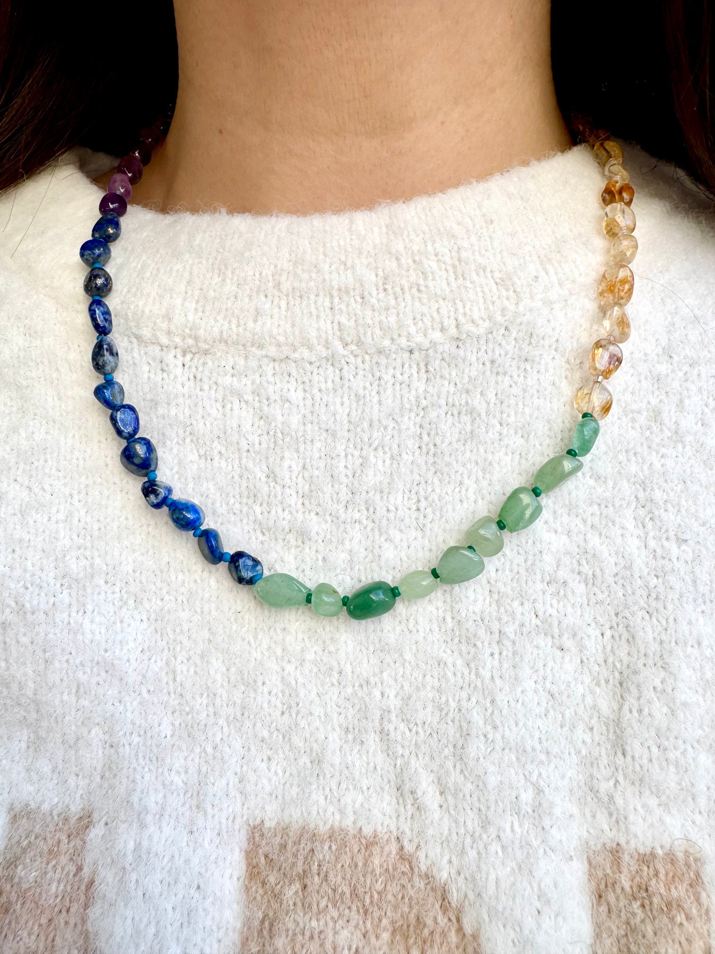 Regenbogen Edelstein-Halskette • Amethyst, Citrin, Aventurin & mehr • 18k vergoldet • Muschel-Anhänger