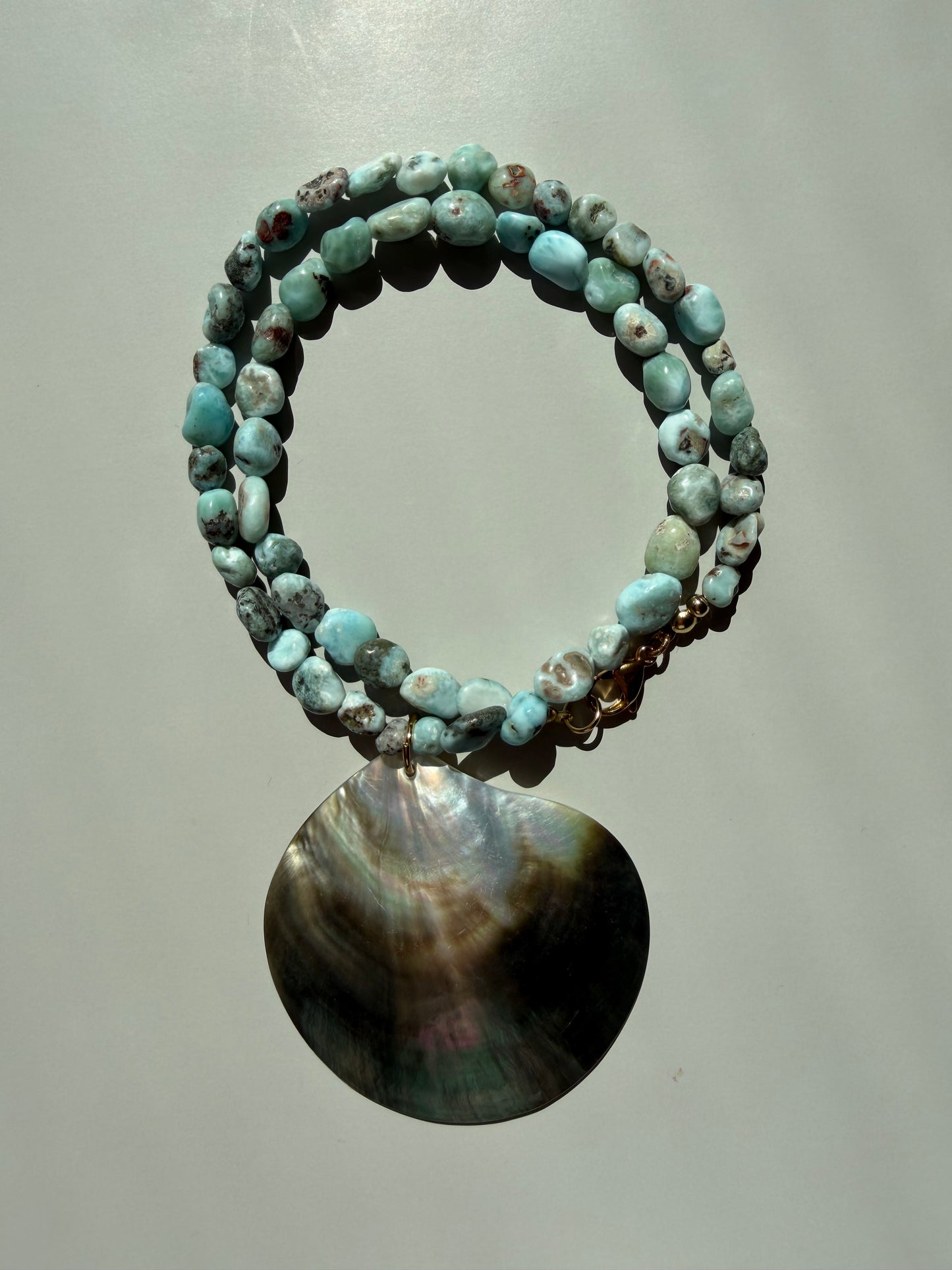 Ocean Giant - Necklace with Larimar & large Mother of Pearl Pendant - Handmade
