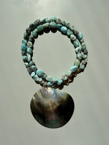 Ocean Giant - Necklace with Larimar & large Mother of Pearl Pendant - Handmade