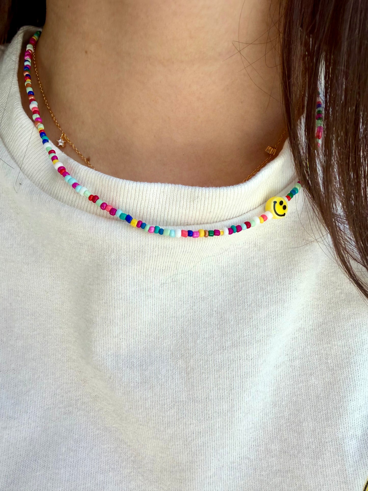 Happy Smile - Colorful Glass Bead Necklace with Handmade Smiley