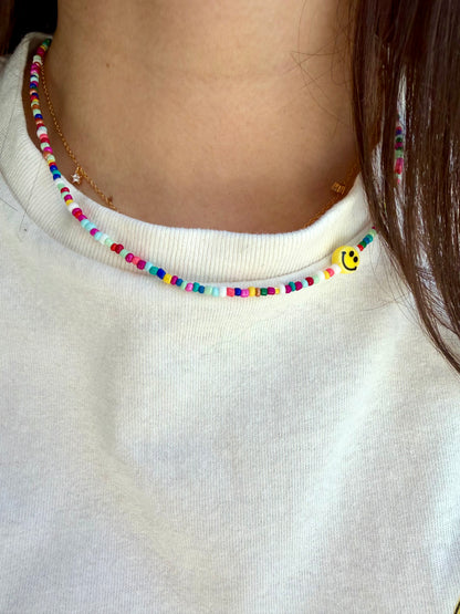 Happy Smile - Colorful Glass Bead Necklace with Handmade Smiley