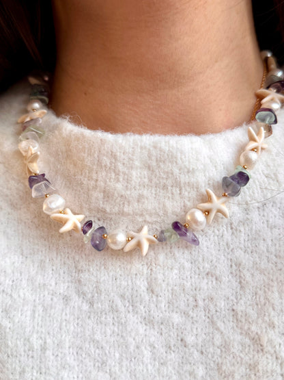 Edelsteinkette mit Seesternen, Süßwasserperlen & Natursteinmix