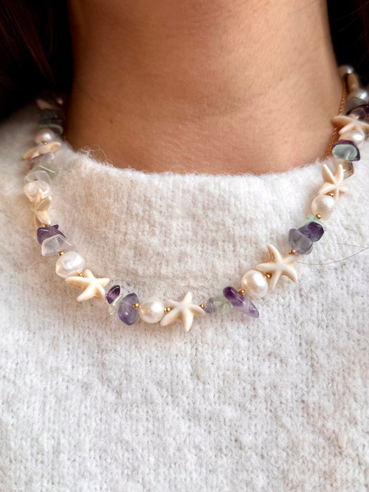 Edelsteinkette mit Seesternen, Süßwasserperlen & Natursteinmix