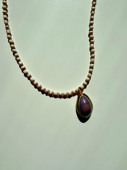 Lilac Tide - Handmade Glass Bead Necklace with Shell Pendant