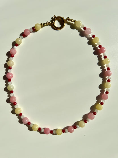 Blush Candy – Morganit & Mondstein Halskette mit Koralle – handgefertigt