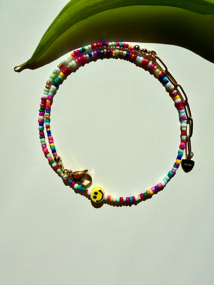 Happy Smile - Colorful Glass Bead Necklace with Handmade Smiley
