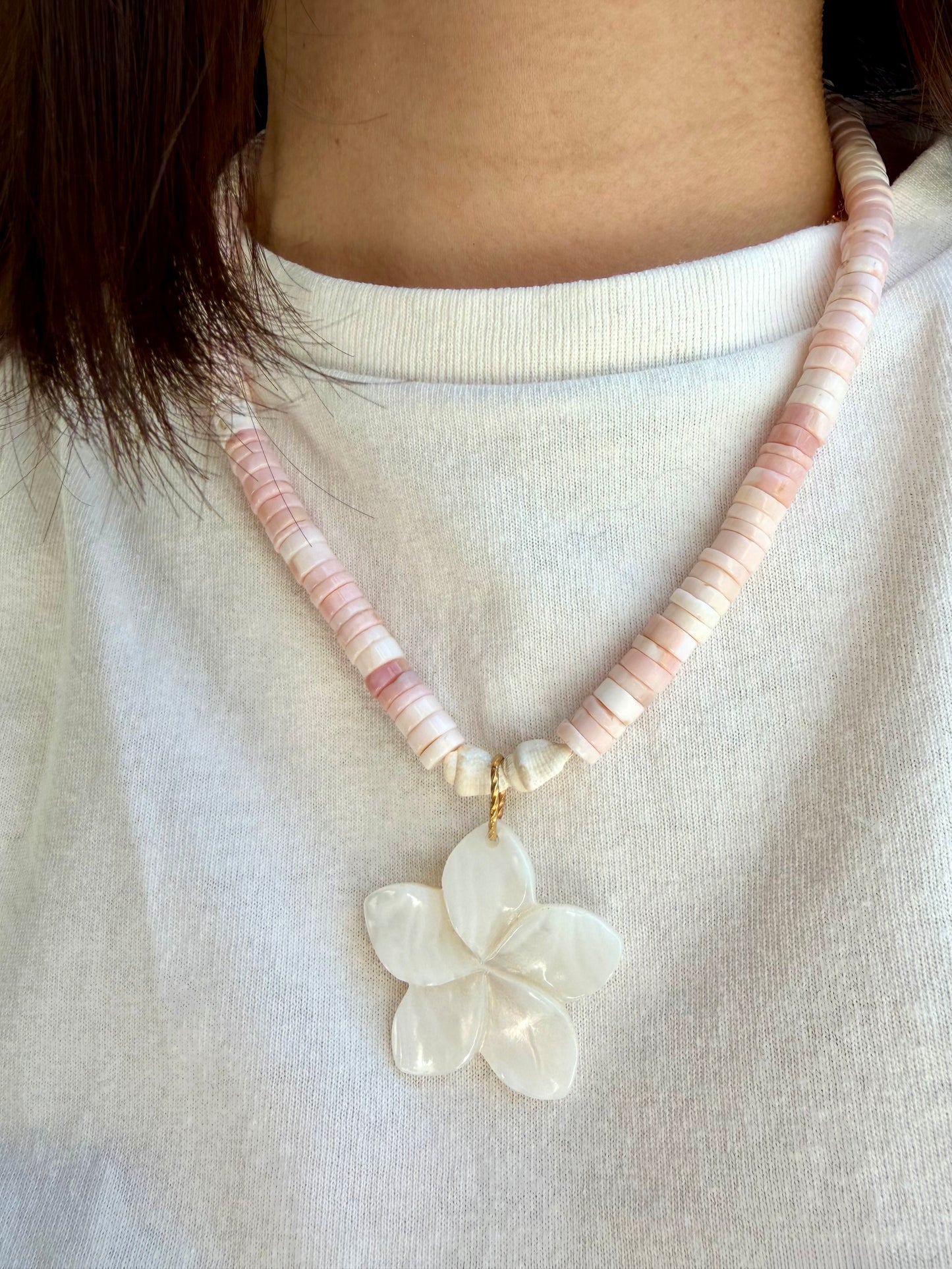 Blush Bloom - Pink Opal Heishi Necklace with Mother-of-Pearl Flower, Handmade
