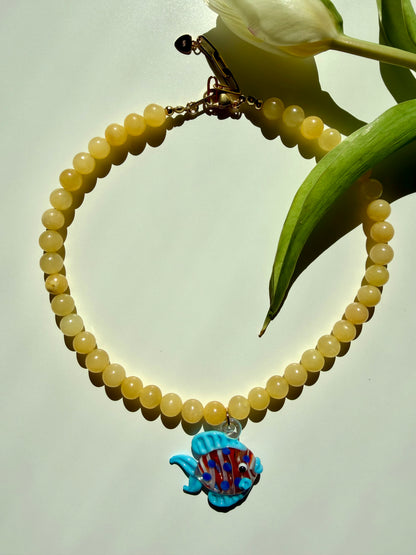Golden Mare - Honey Bead Necklace with Fish Pendant Handmade
