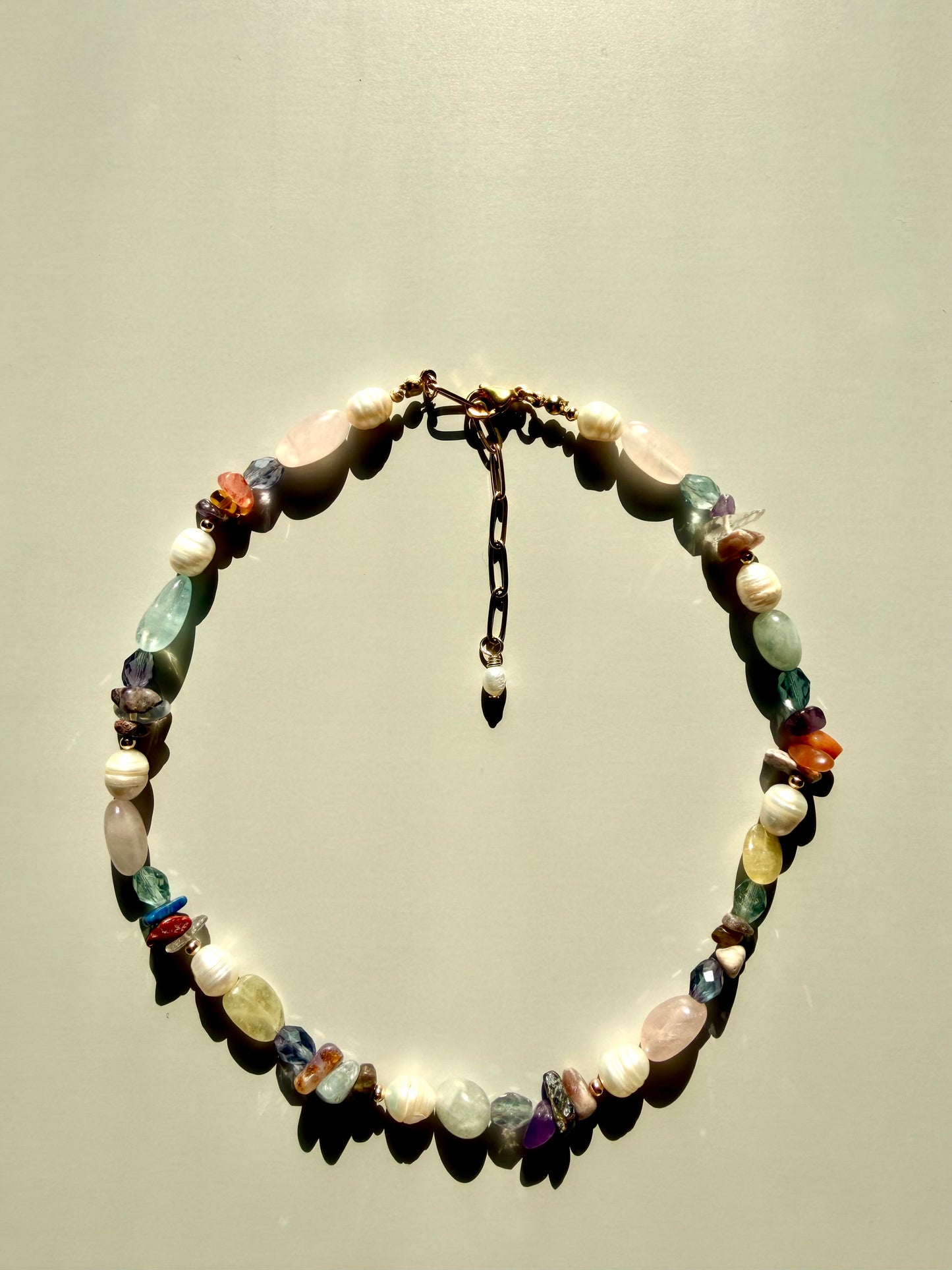 Necklace with gemstone mix &amp; freshwater pearls • Unique pearl shapes • 18k gold-plated