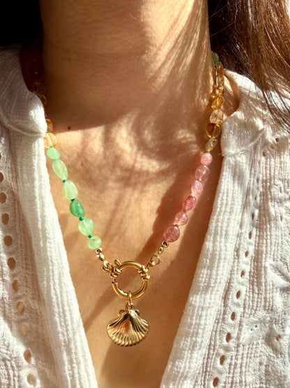 Rainbow Gemstone Necklace • Amethyst, Citrine, Aventurine &amp; more • 18k Gold Plated • Shell Pendant