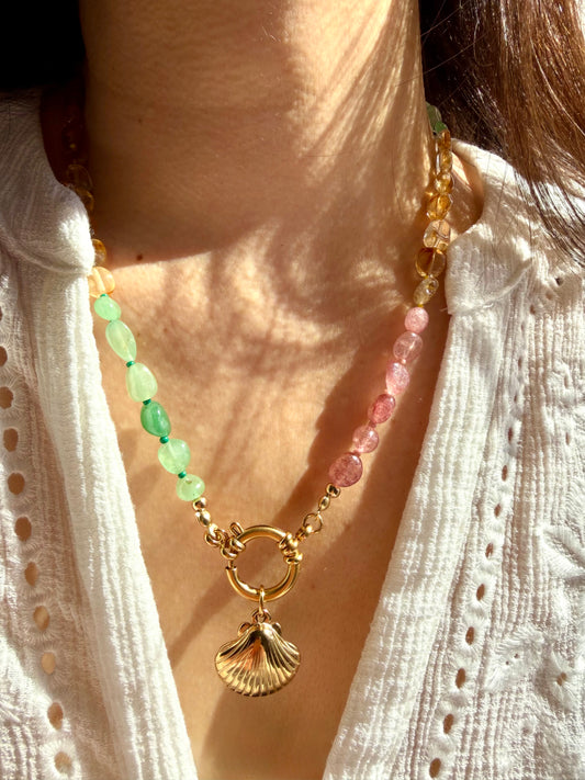 Rainbow Gemstone Necklace • Amethyst, Citrine, Aventurine &amp; more • 18k Gold Plated • Shell Pendant