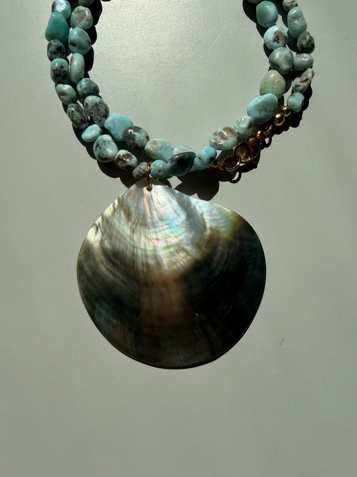 Ocean Giant - Necklace with Larimar & large Mother of Pearl Pendant - Handmade