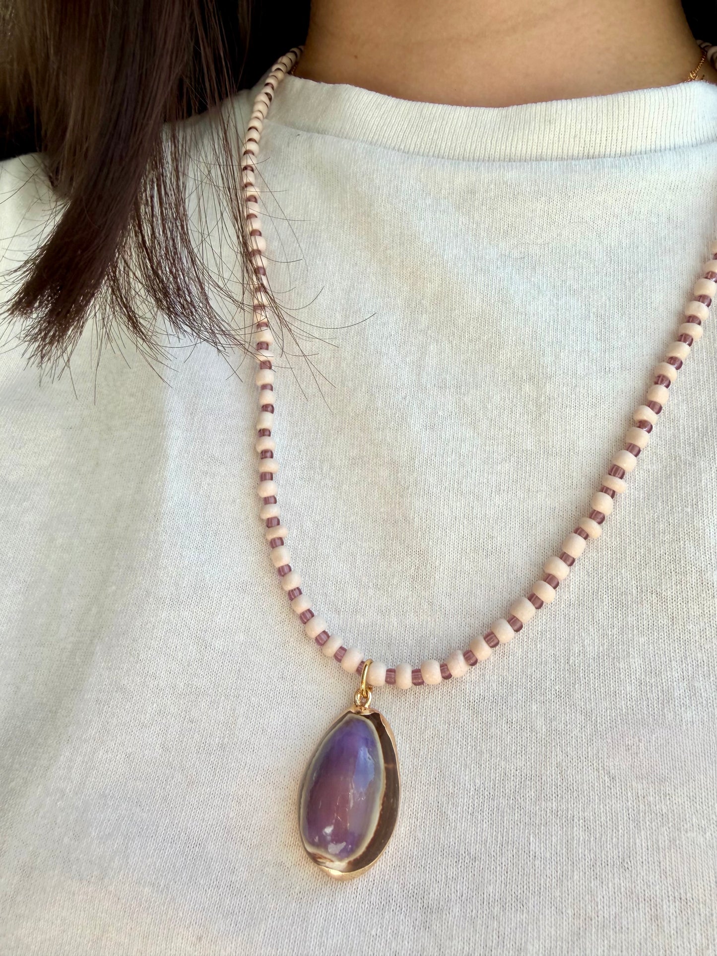 Lilac Tide - Handmade Glass Bead Necklace with Shell Pendant