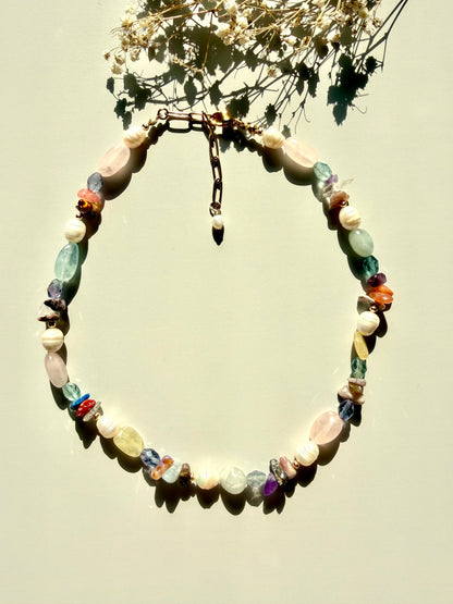 Necklace with gemstone mix &amp; freshwater pearls • Unique pearl shapes • 18k gold-plated