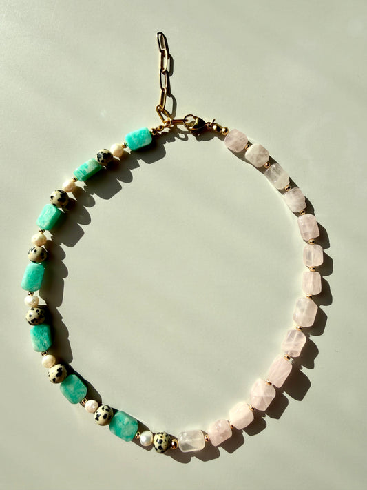 Necklace with rose quartz, amazonite, Dalmatian stone &amp; freshwater pearls – handmade