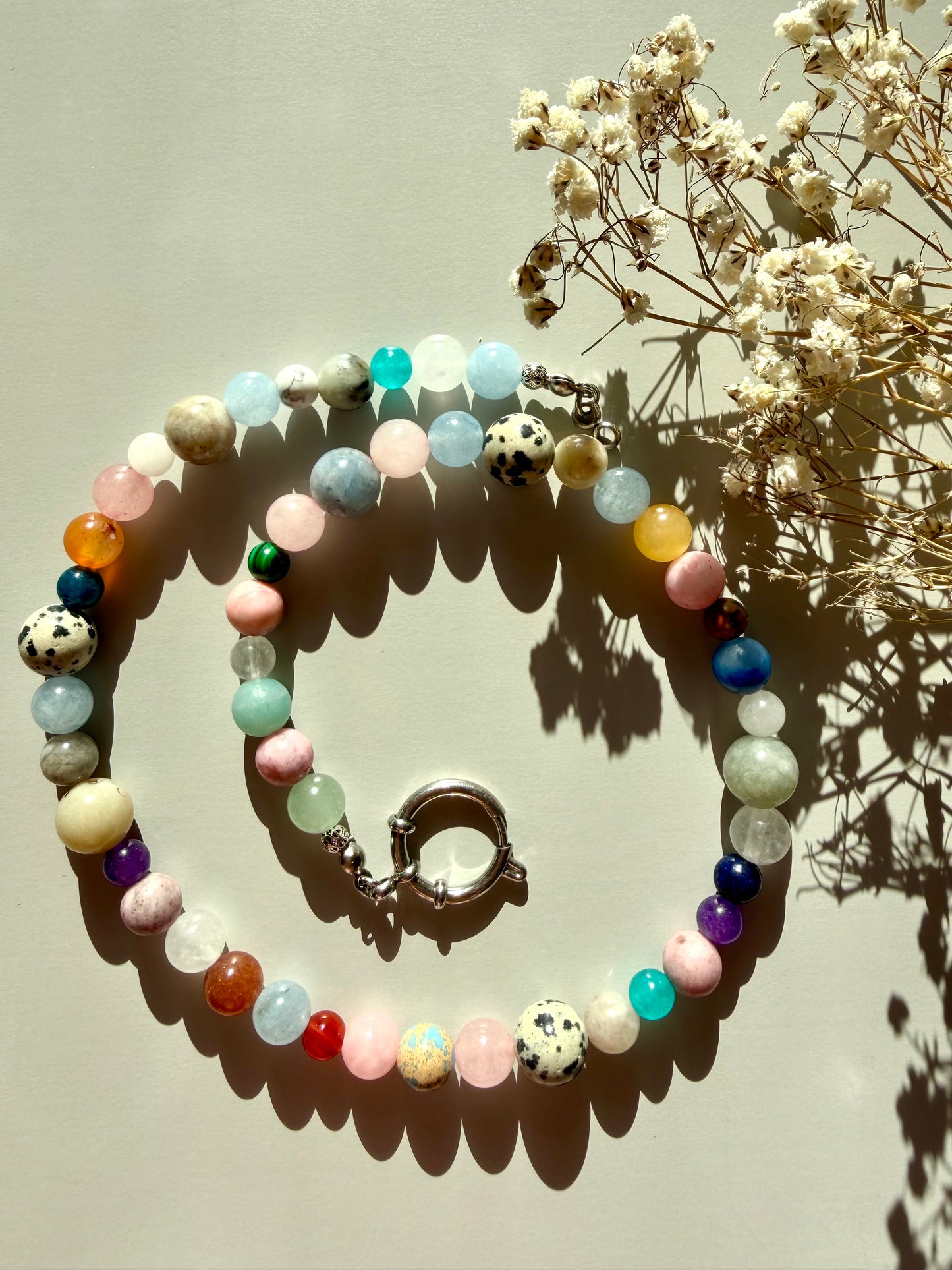Bonibon - Gemstone Necklace with Dalmatian Jasper, Rose Quartz, Amazonite, Amethyst & Agate - handmade