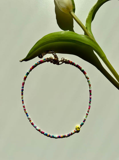 Happy Smile - Colorful Glass Bead Necklace with Handmade Smiley