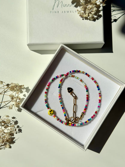 Happy Smile - Colorful Glass Bead Necklace with Handmade Smiley