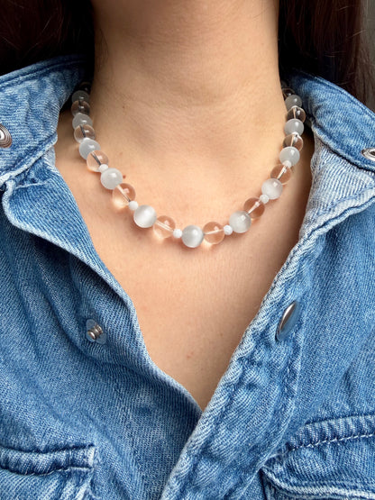 Crystal Moon – Necklace with rock crystal, moonstone &amp; cat's eye – handmade