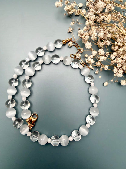 Crystal Moon – Necklace with rock crystal, moonstone &amp; cat's eye – handmade