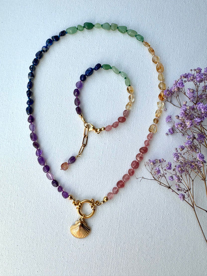 Regenbogen Edelstein-Halskette • Amethyst, Citrin, Aventurin & mehr • 18k vergoldet • Muschel-Anhänger