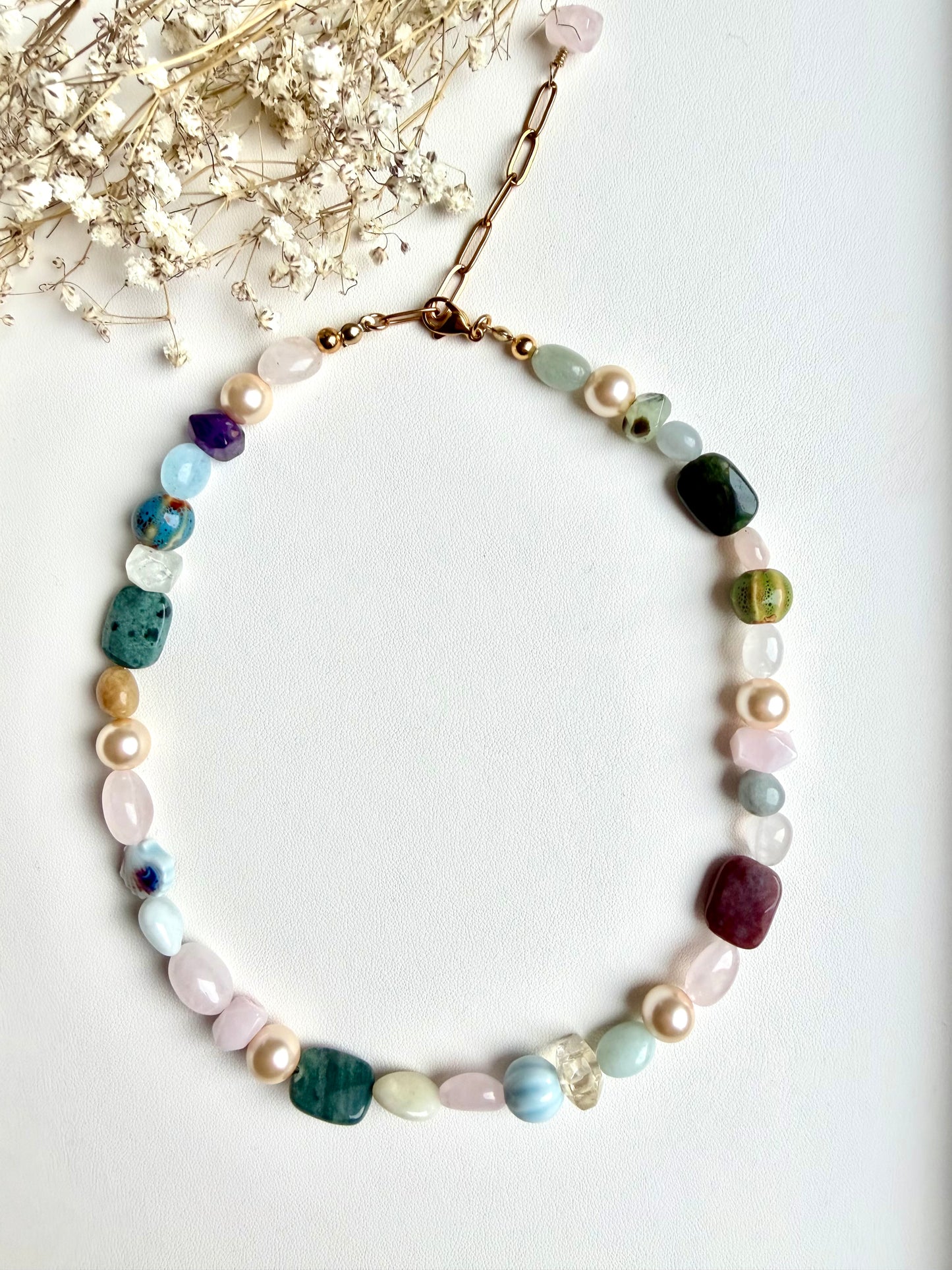 Colorful gemstone necklace with ceramic, citrine, aquamarine &amp; gold-plated elements