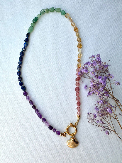 Regenbogen Edelstein-Halskette • Amethyst, Citrin, Aventurin & mehr • 18k vergoldet • Muschel-Anhänger