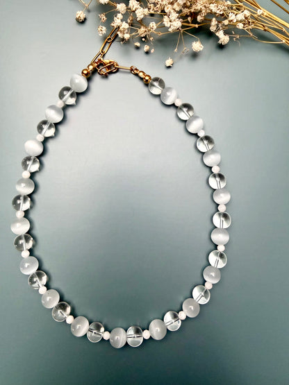 Crystal Moon – Necklace with rock crystal, moonstone &amp; cat's eye – handmade