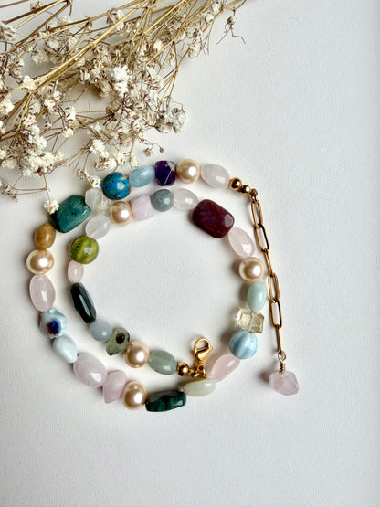 Colorful gemstone necklace with ceramic, citrine, aquamarine &amp; gold-plated elements