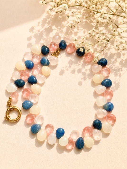 Berry Moon Halskette mit Rosenquarz, Kirschquarz & blauem Aventurin – handgefertigt