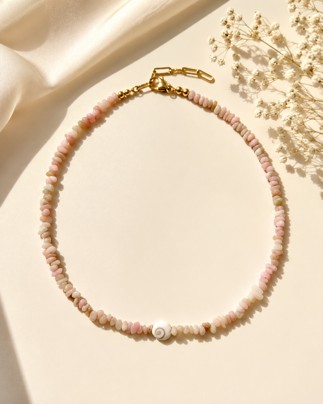 Shiva Eye – Halskette mit Opal Natursteinen & Shiva Auge Muschel – handgefertigt