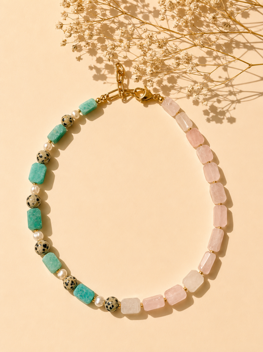 Mint Blush – Edelstein Halskette mit Rosenquarz & Amazonit – handgefertigt