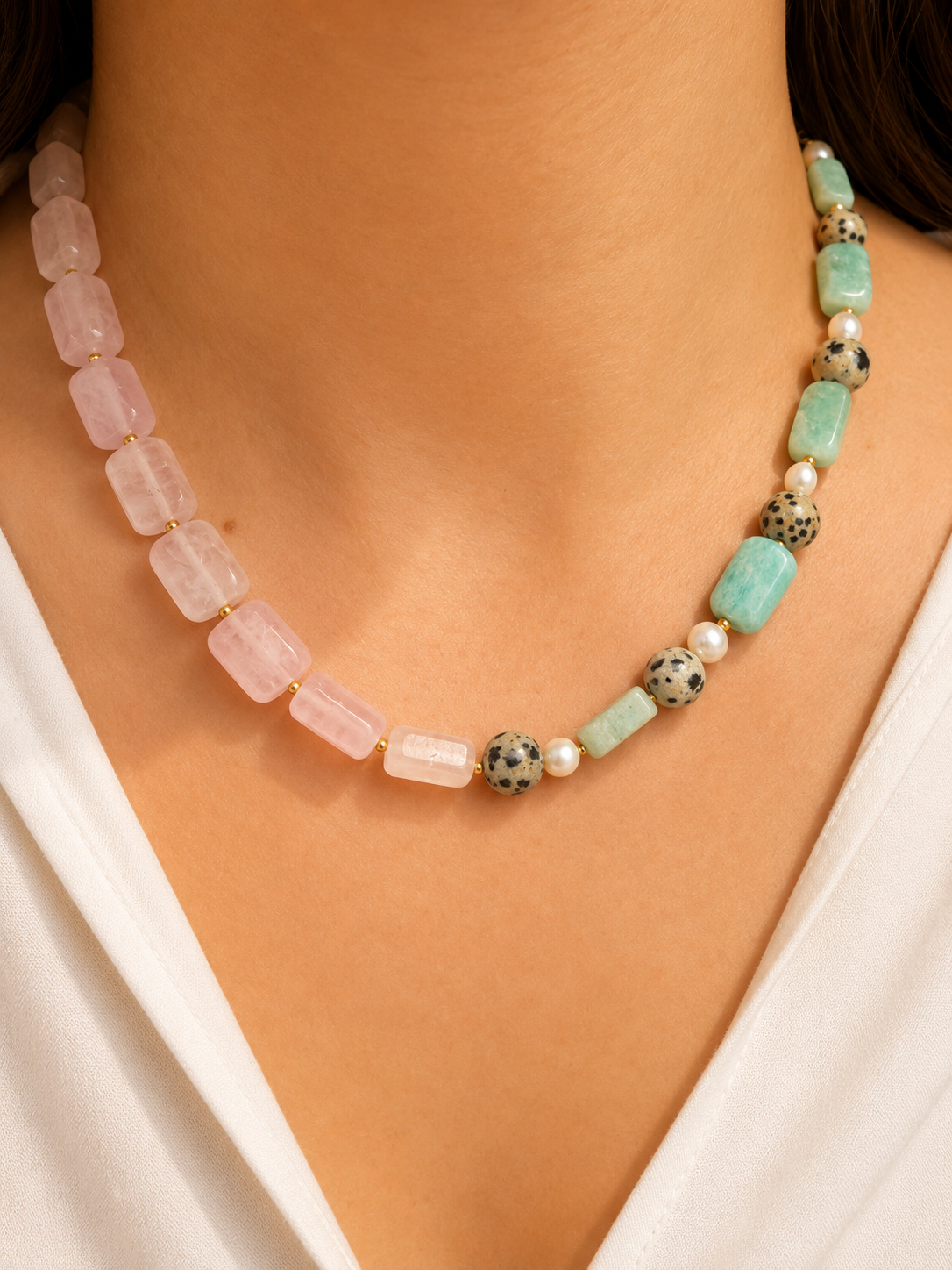 Mint Blush – Gemstone Necklace with Rose Quartz & Amazonite – Handmade