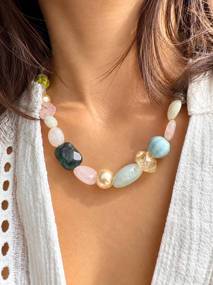 Pastel Drift – Keramik- und Edelstein-Perlenkette mit Citrin und Morganit