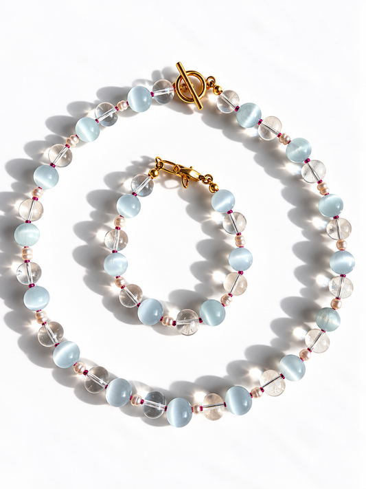 Crystal Sky – Schmuck mit Bergkristall, Katzenauge und Süßwasserperlen
