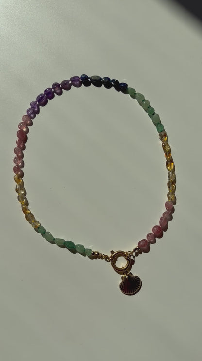 Rainbow Gemstone Necklace • Amethyst, Citrine, Aventurine &amp; more • 18k Gold Plated • Shell Pendant